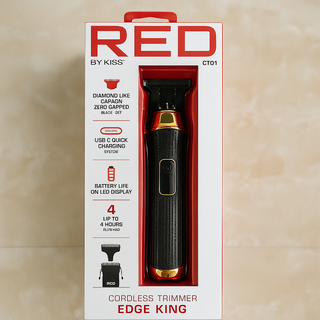 Red by Kiss cordless trimmer packaging on a beige