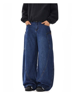 American-style Vintage Design Scimitar Workwear Jeans For Men And Women