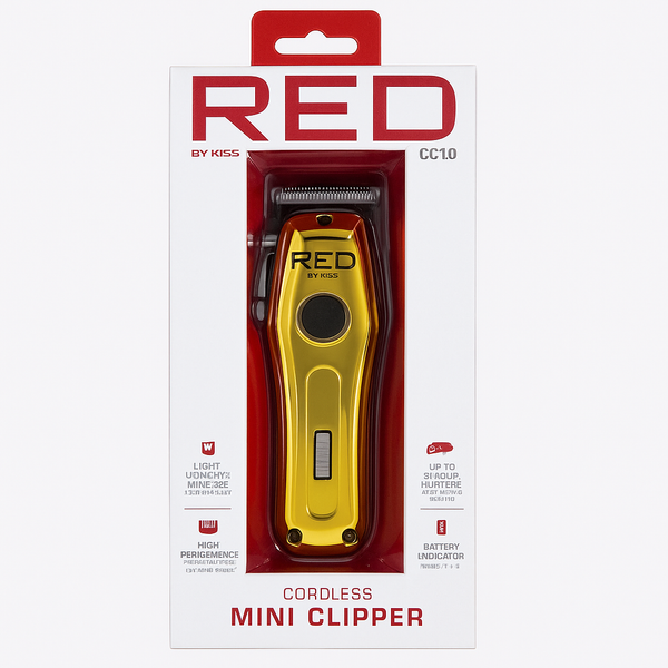 Red by Kiss cordless mini clipper packaging with gold clipper and red accents.