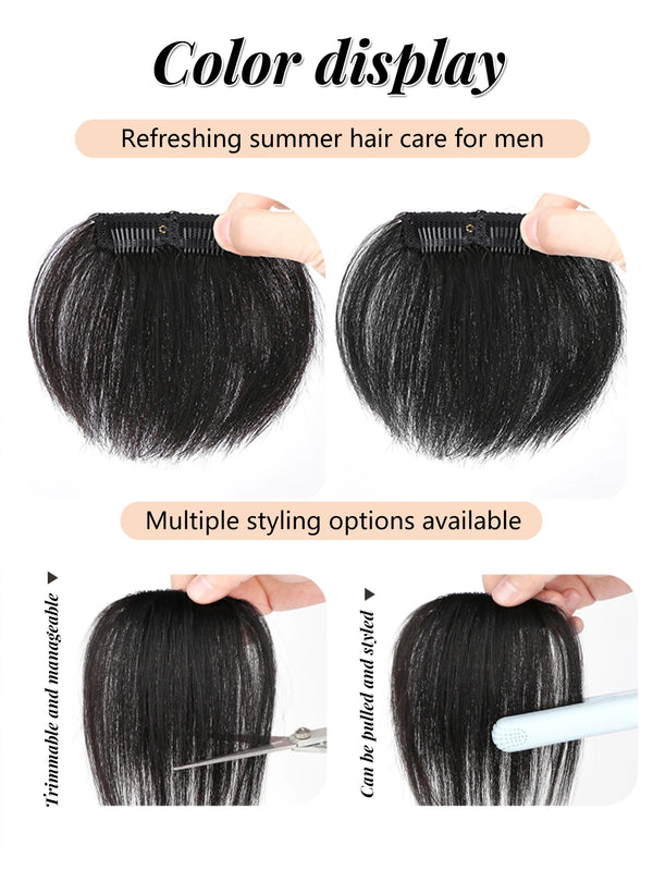OLACARE 4Inch Hair Bangs for Mens Clips in Real Hair Bang Cover High Forehead 100% Human Hair Bangs Fringe Extension for Volume