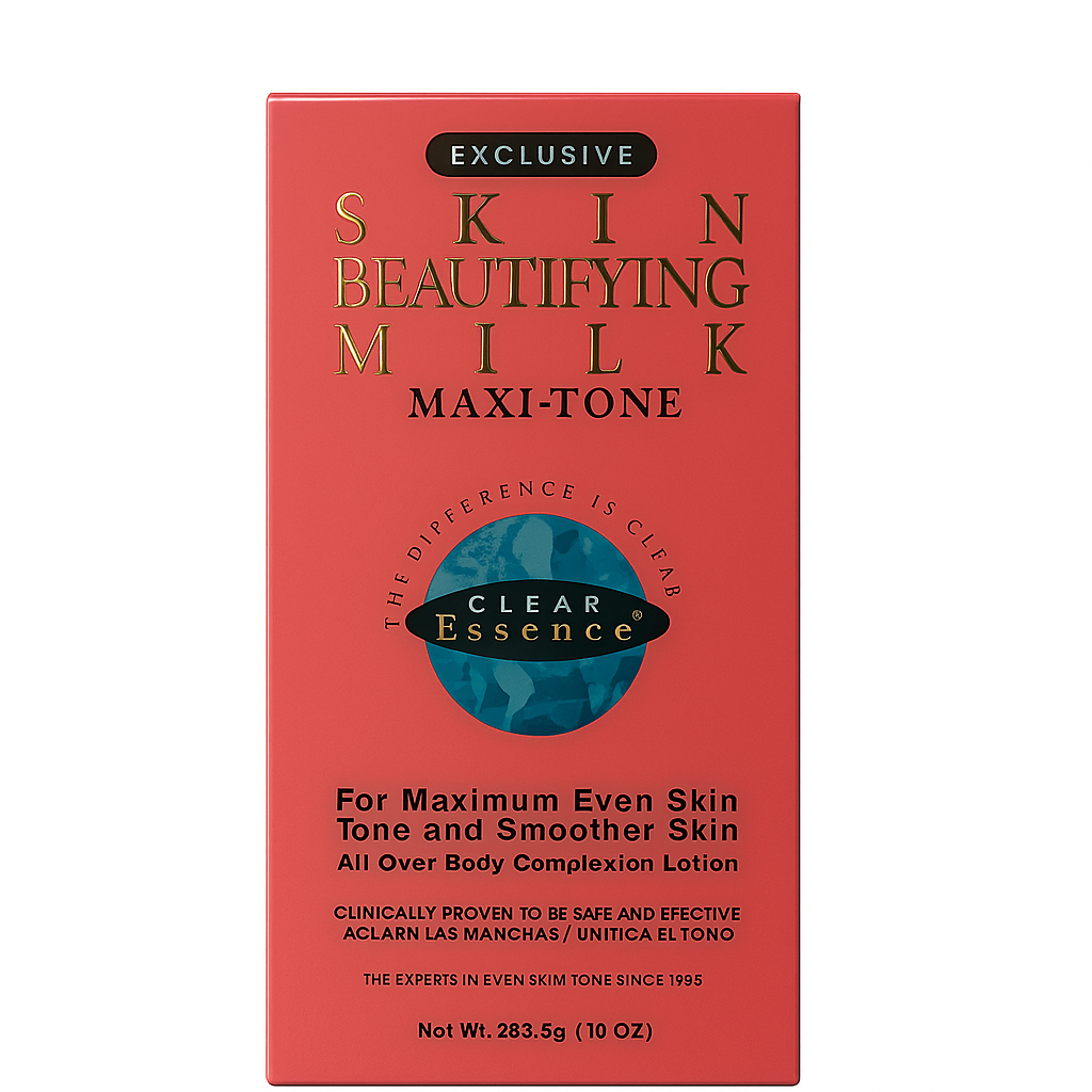 Red box of 'Clear Essence' Skin Beautifying Milk Maxi-Tone on a white background