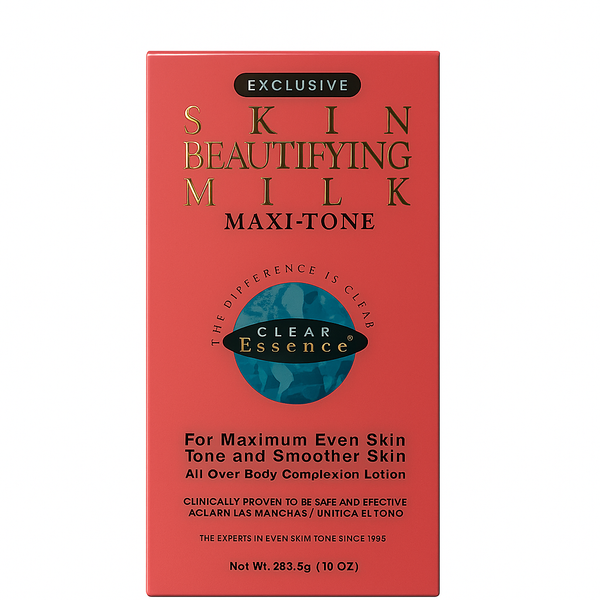 Red box of 'Clear Essence' Skin Beautifying Milk Maxi-Tone on a white background