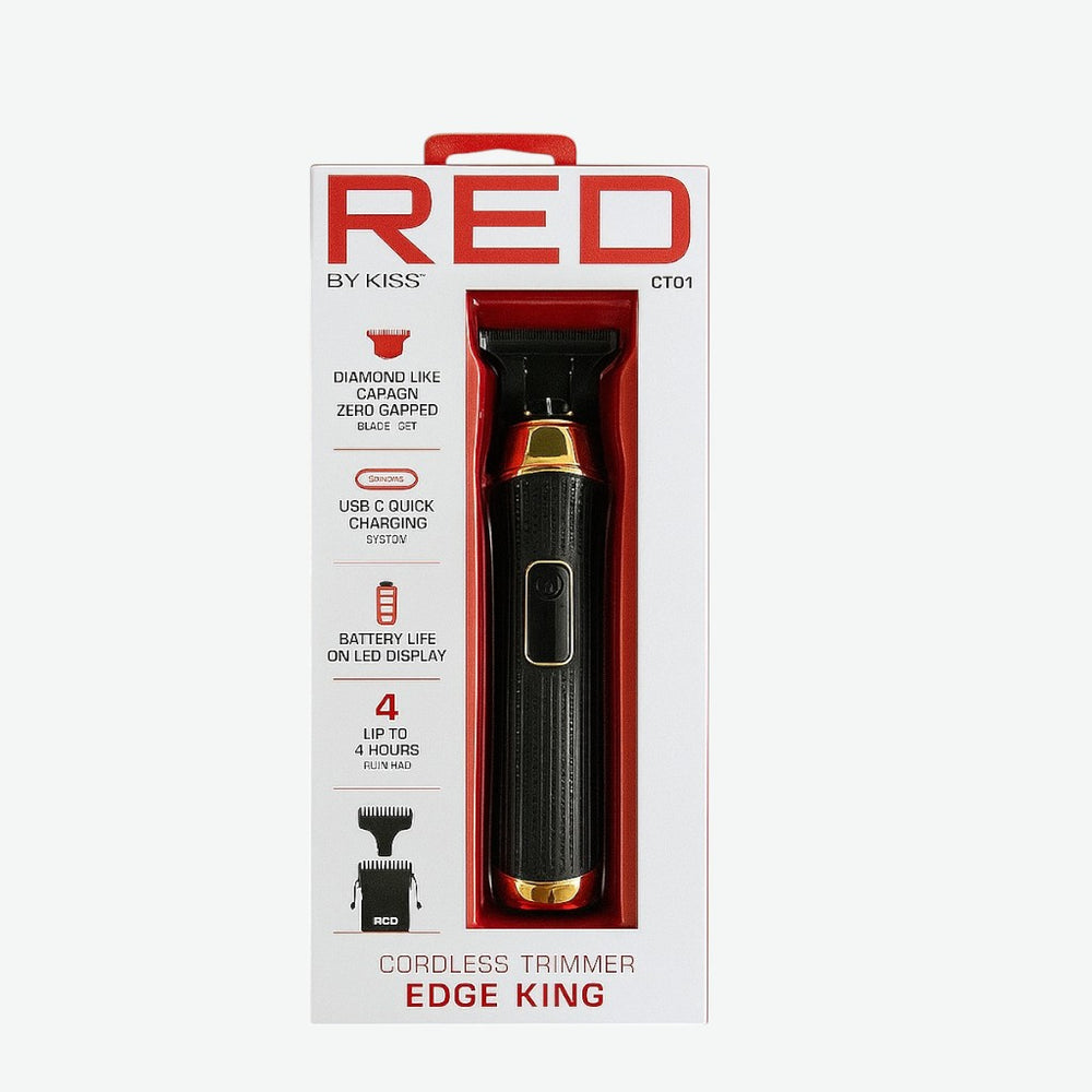 Red by Kiss cordless trimmer packaging on a white background