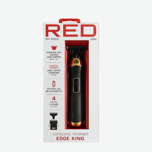 Red by Kiss cordless trimmer packaging on a white background