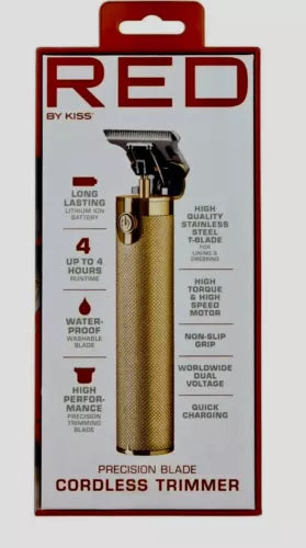 Red by Kiss cordless trimmer packaging with gold trimmer and red accents.
